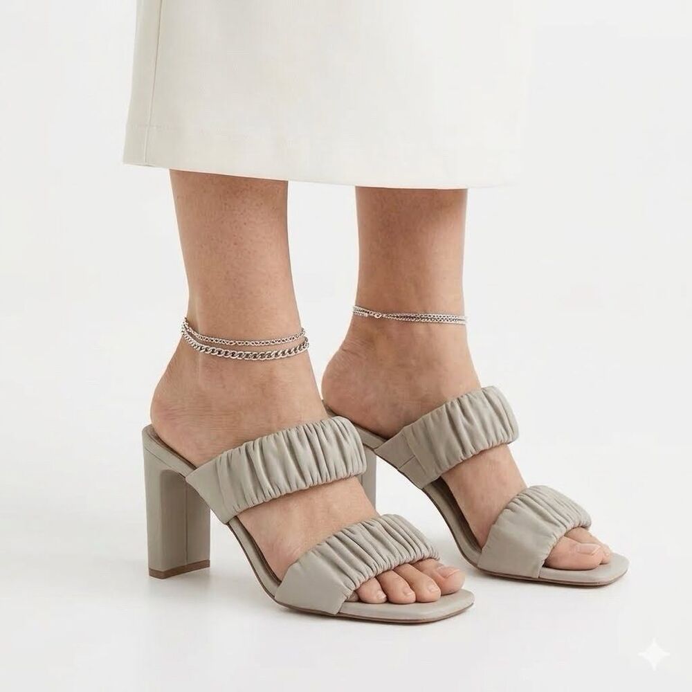 H&M Ruched Cream Block Heel Mules Women’s US 7.5 EU 38 Square Toe Slip On